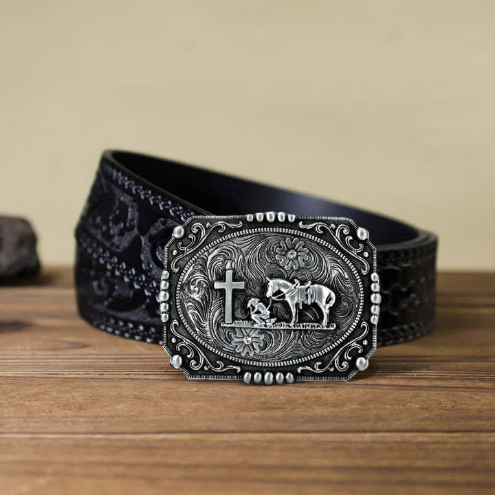 Ceinture en cuir à boucle de prière à genoux pour homme avec croix de cheval à faire soi-même