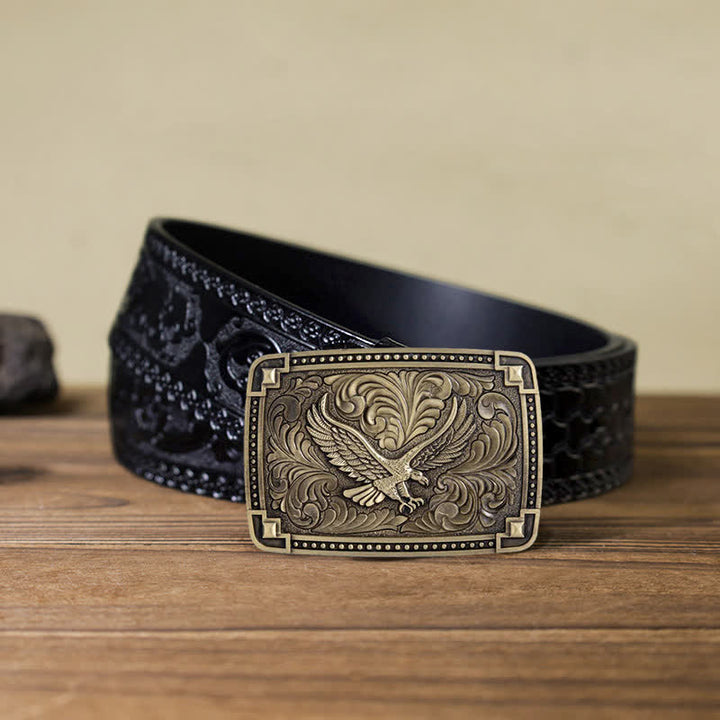 Ceinture en cuir à boucle pour homme avec motif d'aigle planant dans un ciel de rêve