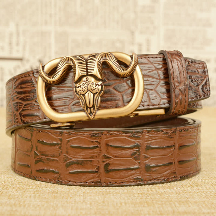 Ceinture en cuir à boucle automatique pour homme avec imprimé crocodile et tête de chèvre