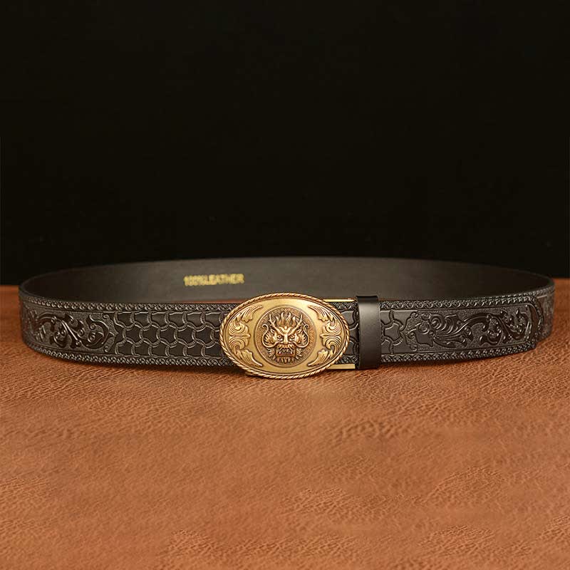 Ceinture en cuir à boucle elliptique pour homme avec dragon