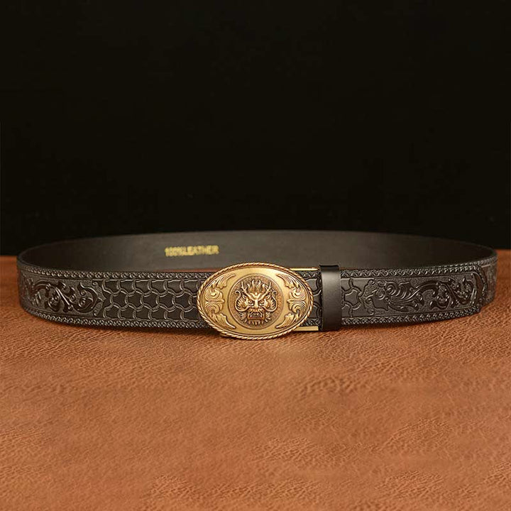 Ceinture en cuir à boucle elliptique pour homme avec dragon
