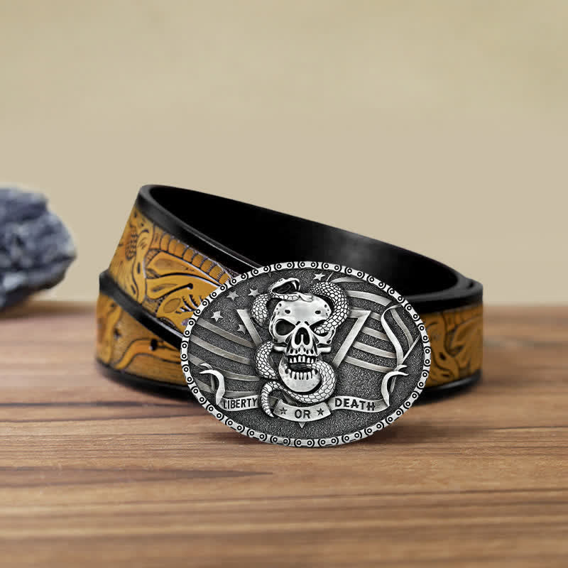Ceinture en cuir à boucle tête de mort et serpent « Liberty or Death » pour homme