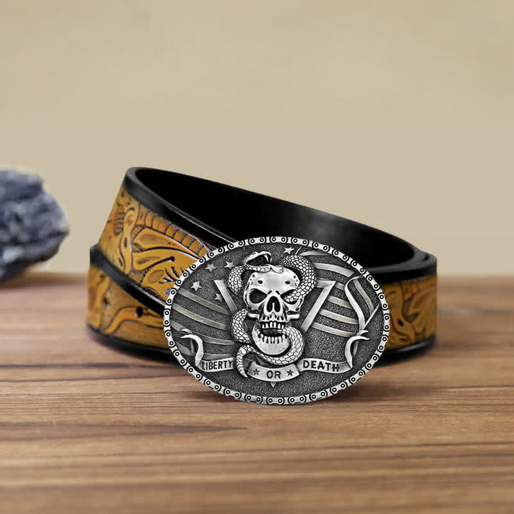 Ceinture en cuir à boucle tête de mort et serpent « Liberty or Death » pour homme