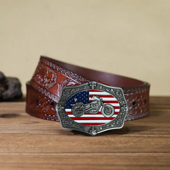 Ceinture en cuir à boucle tête de mort pour homme avec drapeau américain et moto
