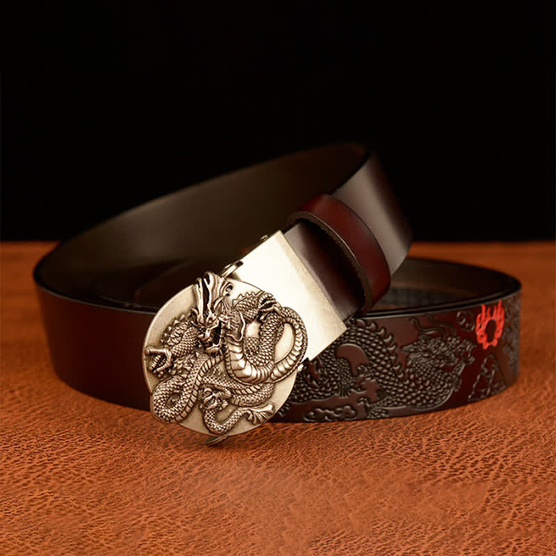 Ceinture en cuir à boucle automatique ronde pour homme avec motif dragon de flamme