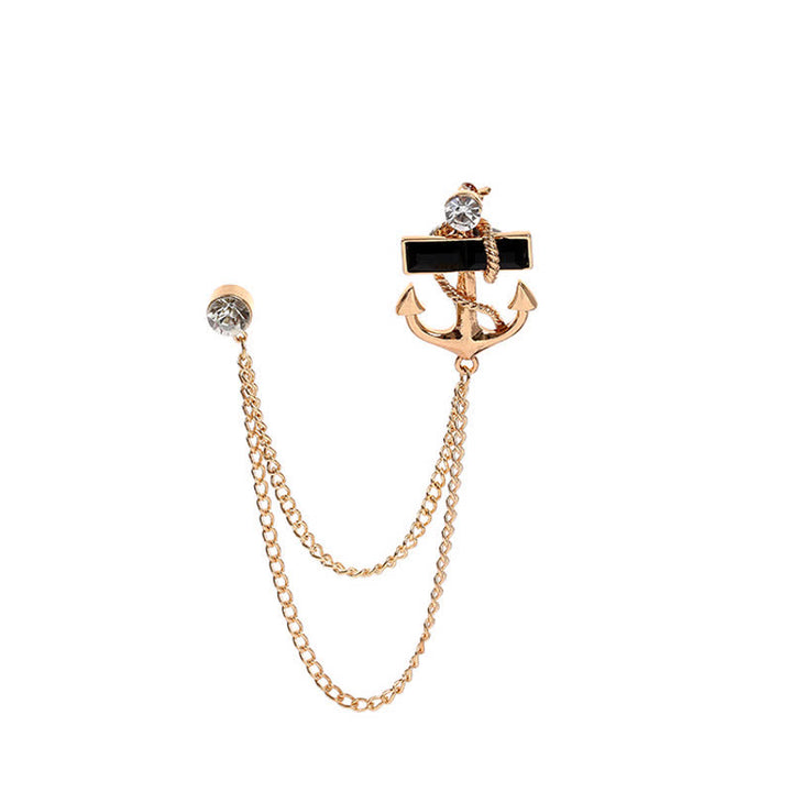 Broche pour homme avec chaîne d'ancre et pierres précieuses noires