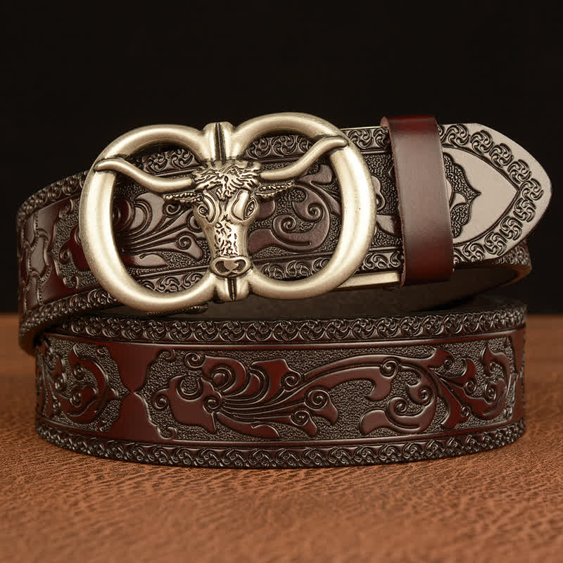 Ceinture en cuir avec boucle tête de taureau pour homme