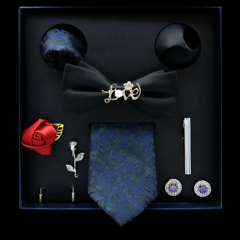 Lot de 8 nœuds papillon décontractés à fleurs noires et bleues, coffret cadeau - Noir et bleu - image 0
