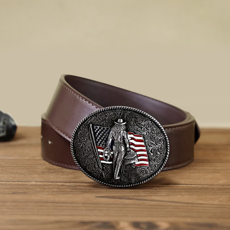 Ceinture en cuir à boucle drapeau américain pour homme avec motif cowboy