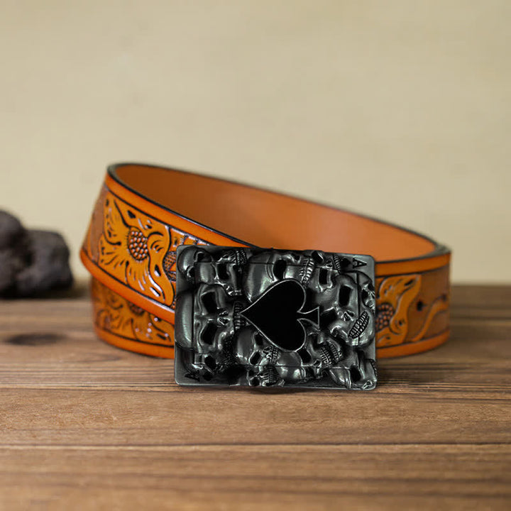 Ceinture en cuir à boucle tête de mort pour homme avec motif as de pique