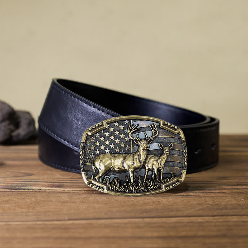 Ceinture en cuir à boucle drapeau américain pour homme avec motif de chasseur de cerfs