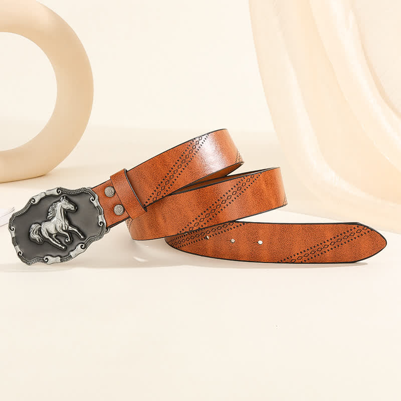 Ceinture en cuir classique argentée pour homme avec boucle en forme de cheval au galop