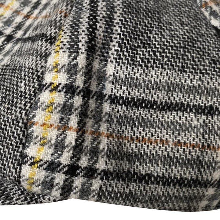Casquette béret gavroche à carreaux gris et rayures jaunes