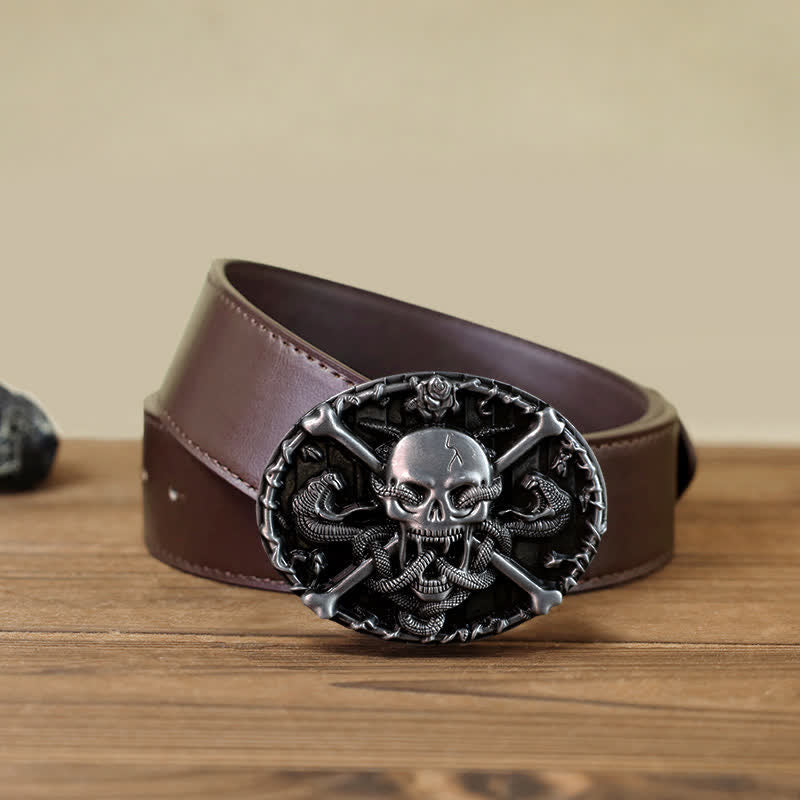 Ceinture en cuir à boucle serpent gothique pour homme avec tête de mort et croix