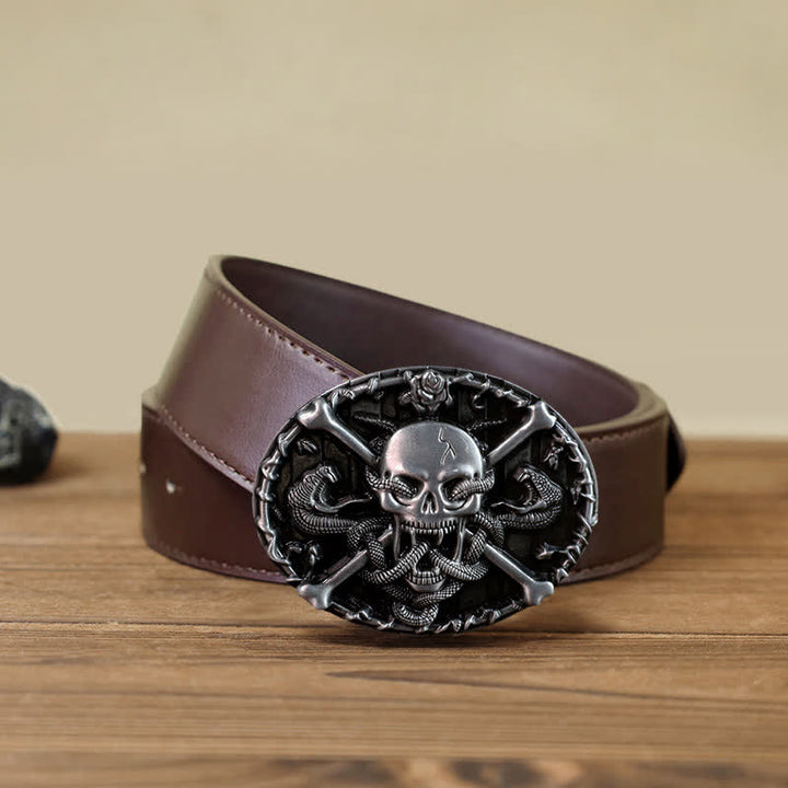 Ceinture en cuir à boucle serpent gothique pour homme avec tête de mort et croix