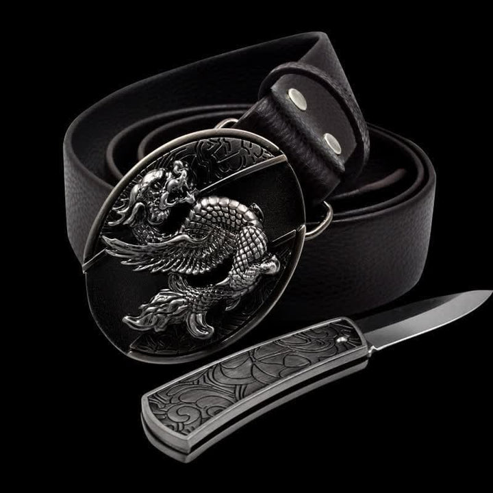Ceinture en cuir pour homme avec dragon volant et couteau pliant