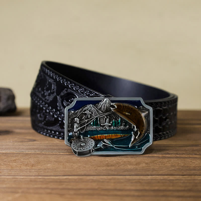 Ceinture en cuir à boucle rectangulaire en émail pour homme avec motif de pêche