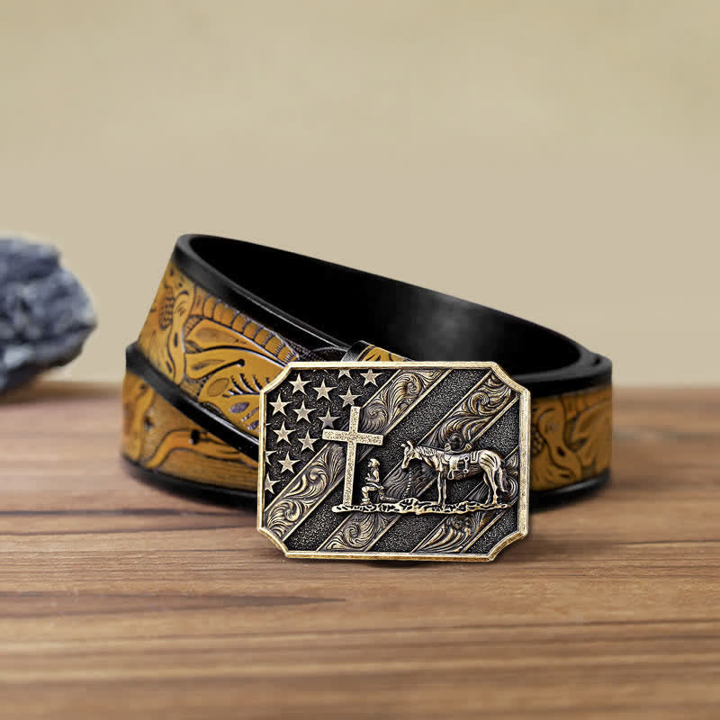 Ceinture en cuir à boucle de cheval avec croix de prière et drapeau américain pour homme