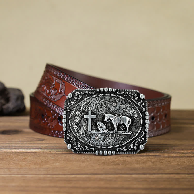 Ceinture en cuir à boucle de prière à genoux pour homme avec croix de cheval à faire soi-même