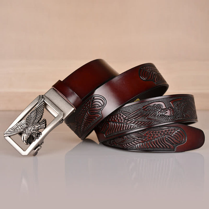 Ceinture en cuir gaufré à boucle aigle creuse pour homme