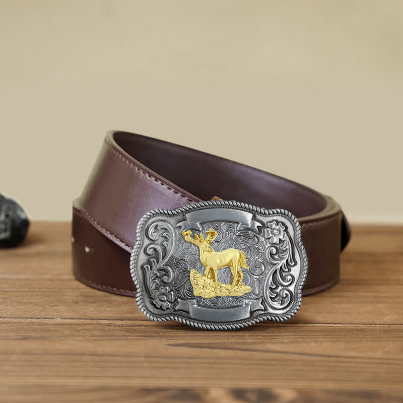 Ceinture en cuir à boucle animalière sculptée en or pour homme - Cerf - Ceinture en PU marron (40) - image 32