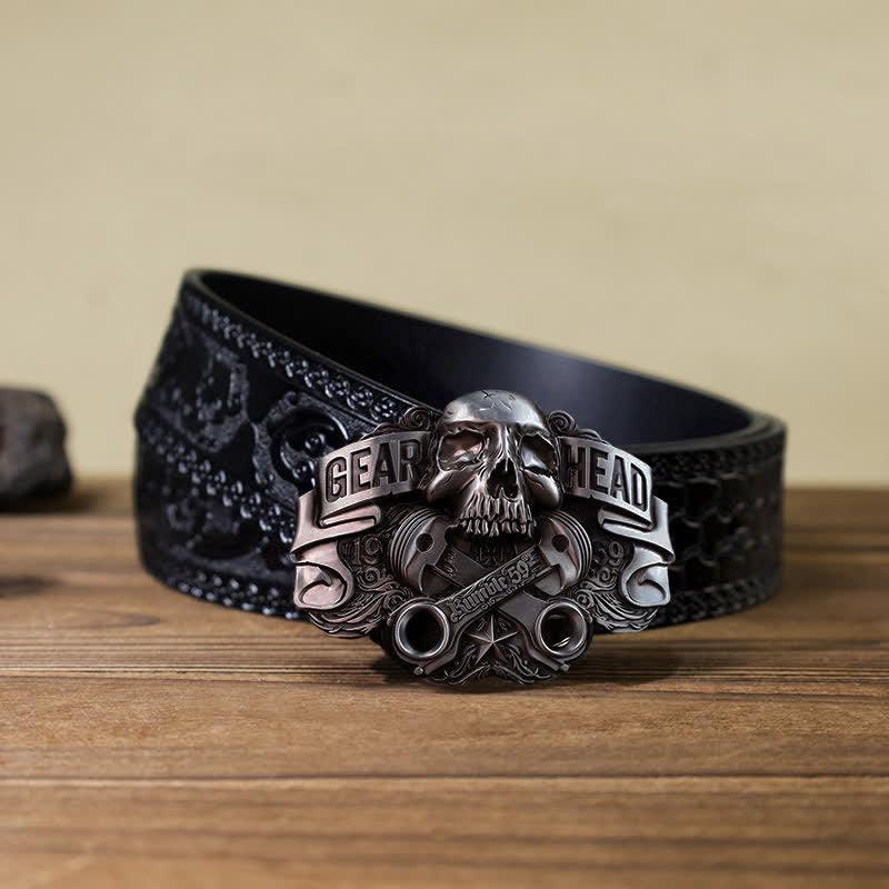 Ceinture en cuir à boucle tête de mort pour homme avec tête de piston et tête de mort