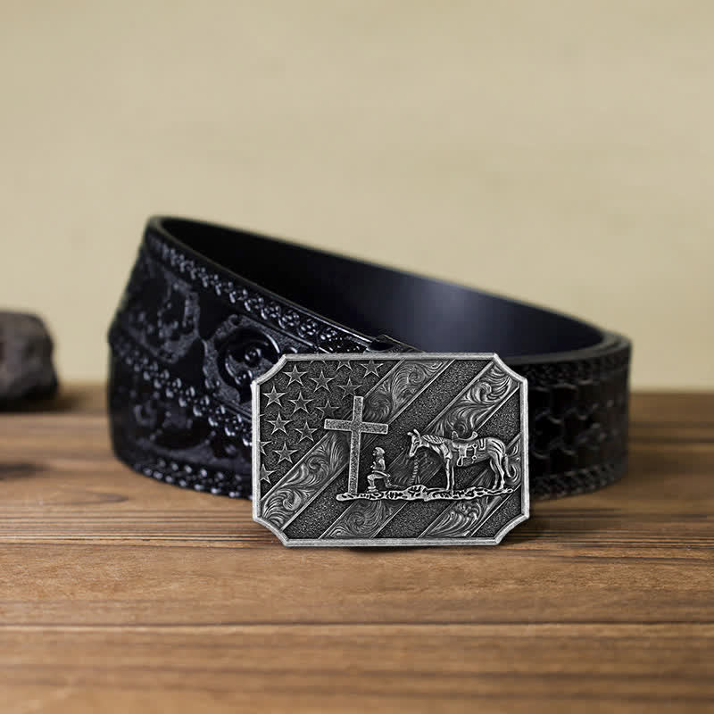 Ceinture en cuir à boucle de cheval avec croix de prière et drapeau américain pour homme