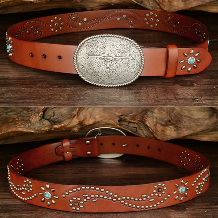 Ceinture en cuir véritable turquoise à rivets punk pour homme avec taureau à longues cornes