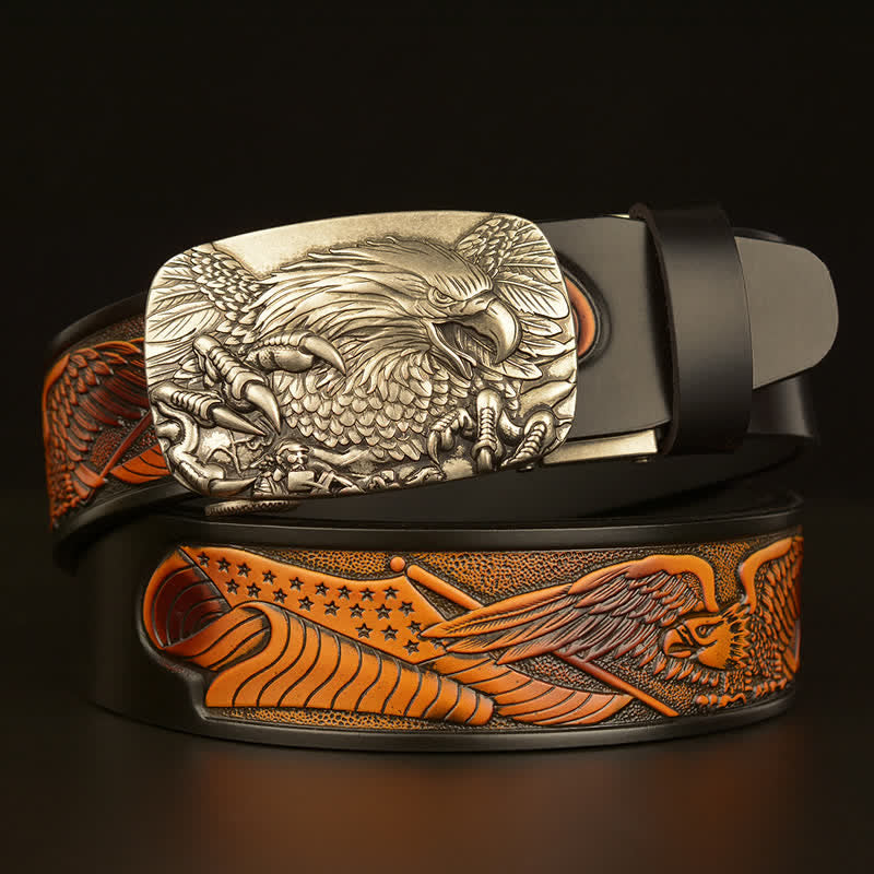 Ceinture en cuir à boucle automatique vintage pour homme avec ailes d'aigle