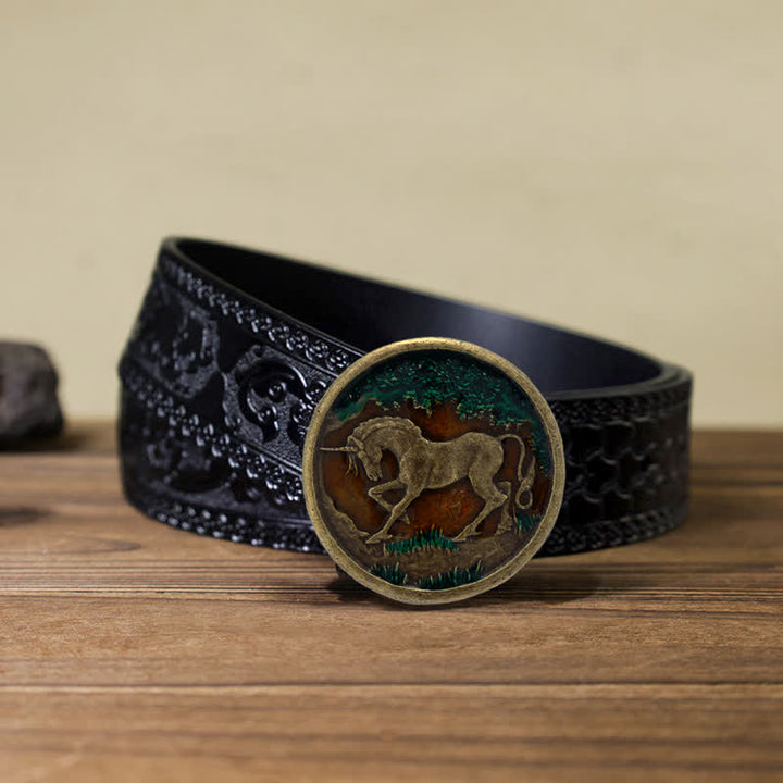 Ceinture en cuir à boucle en bronze antique pour homme avec licorne mystique