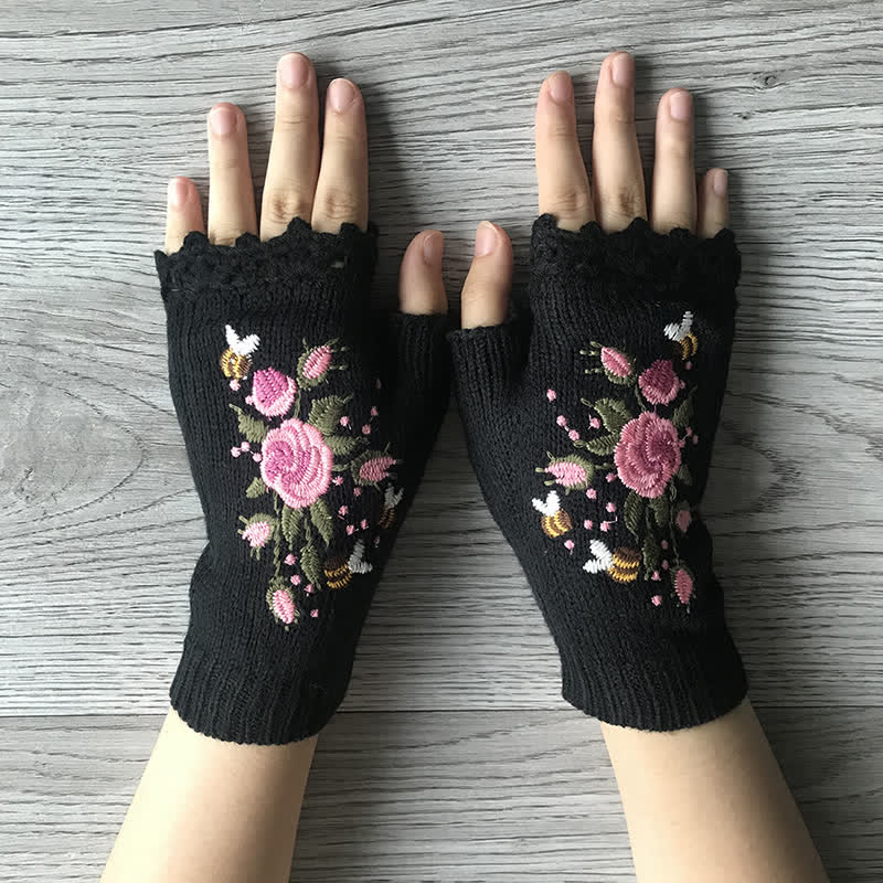 Gants tricotés demi-doigts brodés de fleurs pour femmes