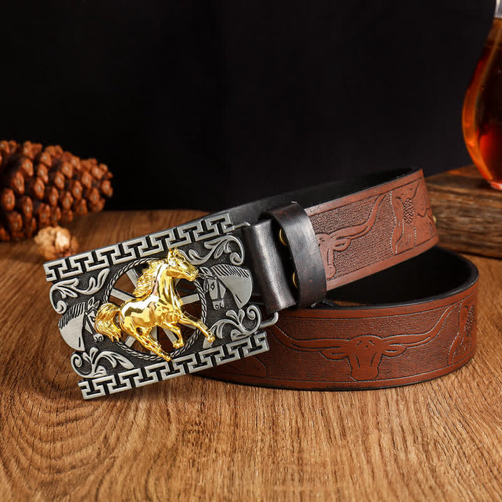 Ceinture en cuir à boucle géométrique pour homme avec cheval au galop