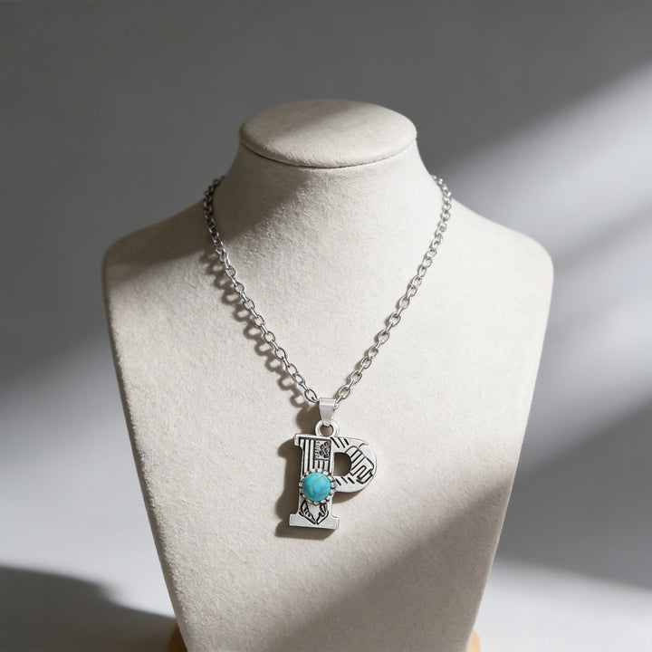 Collier vintage avec pendentif turquoise et initiale - P - image 18