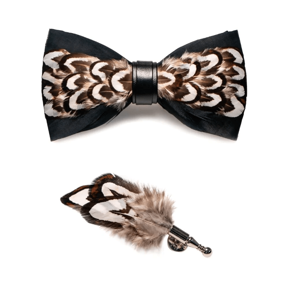 Nœud papillon en plumes de Gobi du désert noir et marron avec épingle à revers