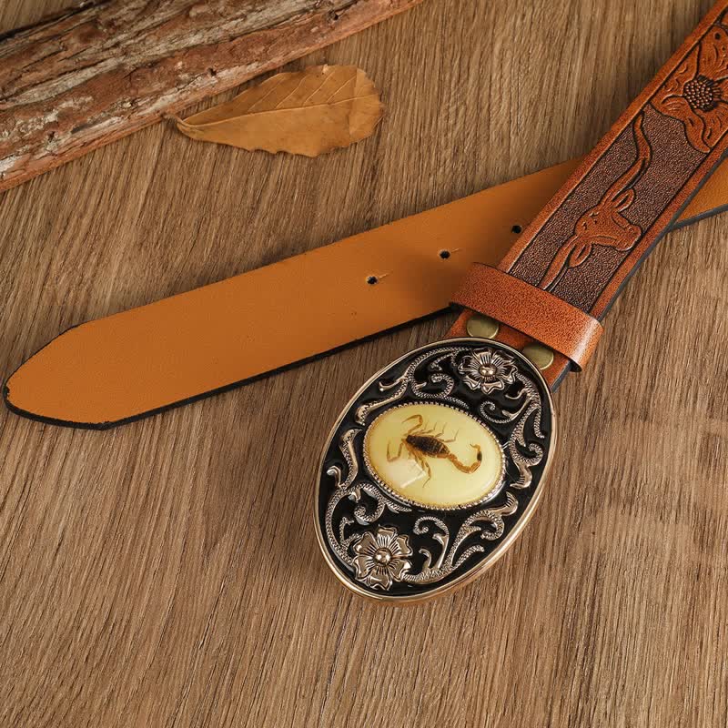 Ceinture en cuir à boucle pour homme avec motif animal, scorpion et fleur