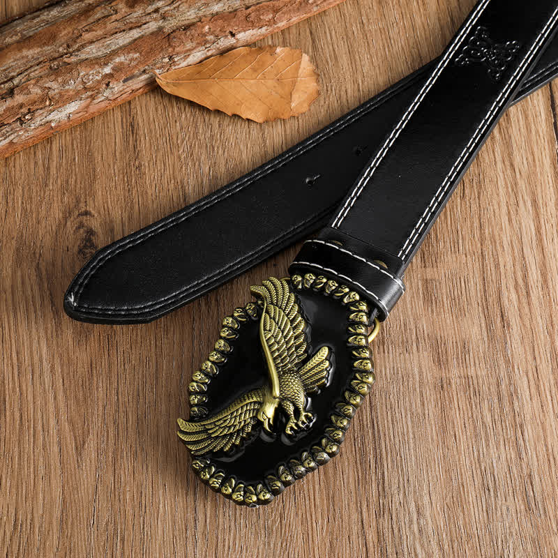 Ceinture en cuir pour homme avec motif d'aigle en or antique et faucon planant