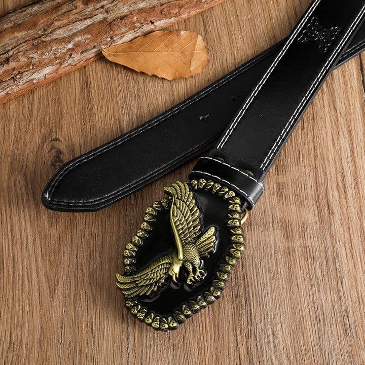 Ceinture en cuir pour homme avec motif d'aigle en or antique et faucon planant
