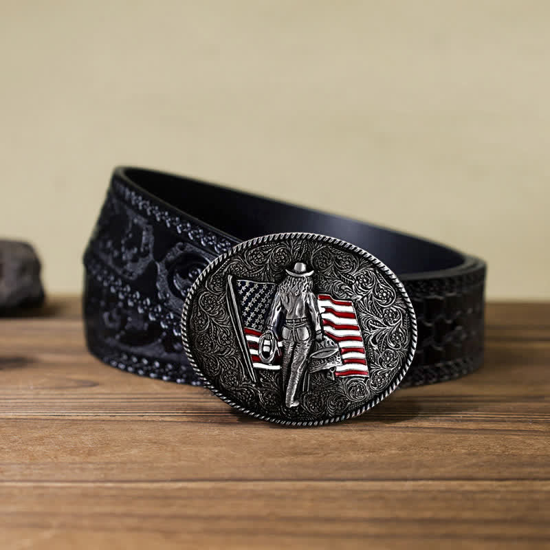 Ceinture en cuir à boucle drapeau américain pour homme avec motif cowboy