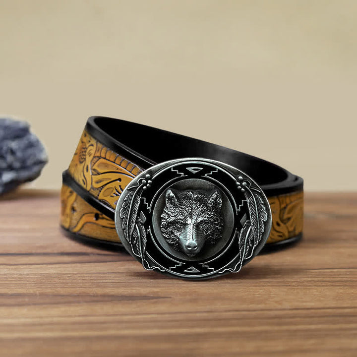 Ceinture en cuir à boucle pour homme avec tête de loup vive