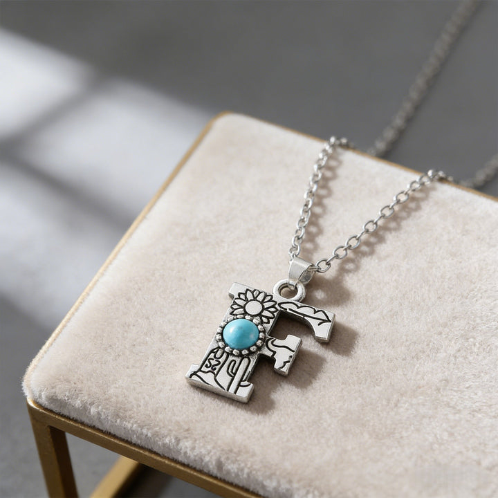 Collier vintage avec pendentif turquoise et initiale - F - image 15