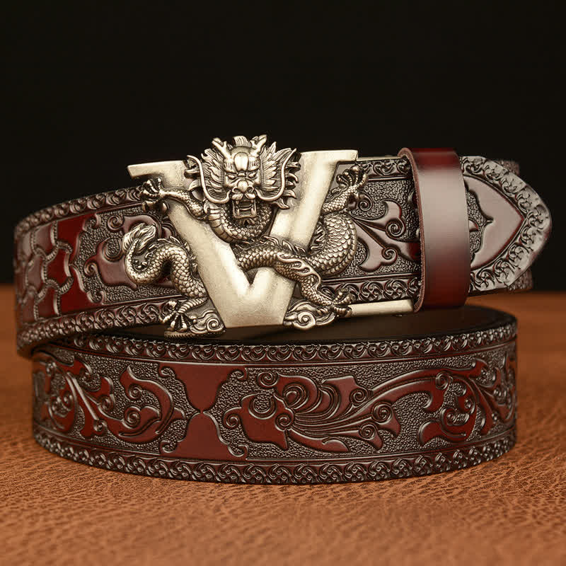Ceinture en cuir avec motif dragon en relief et lettre V pour homme