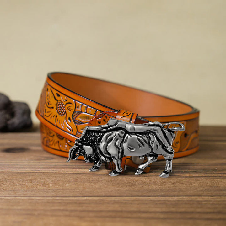 Ceinture en cuir véritable avec boucle en forme de taureau argenté pour homme