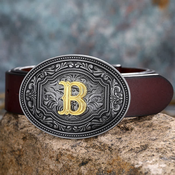 Ceinture en cuir unisexe style hip-hop avec boucle en relief et initiales