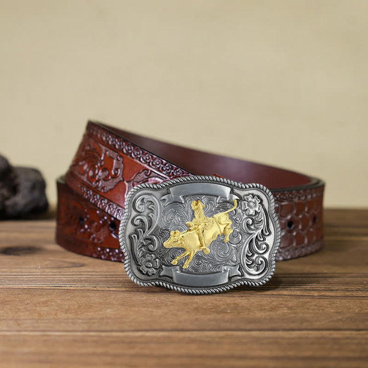 Ceinture en cuir à boucle animalière sculptée en or pour homme - Rodeo - Ceinture marron sculptée (40) - image 25