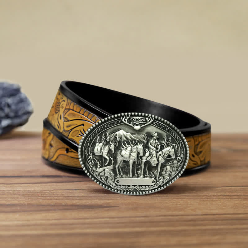Ceinture en cuir à boucle pour homme avec motif de cheval de cow-boy
