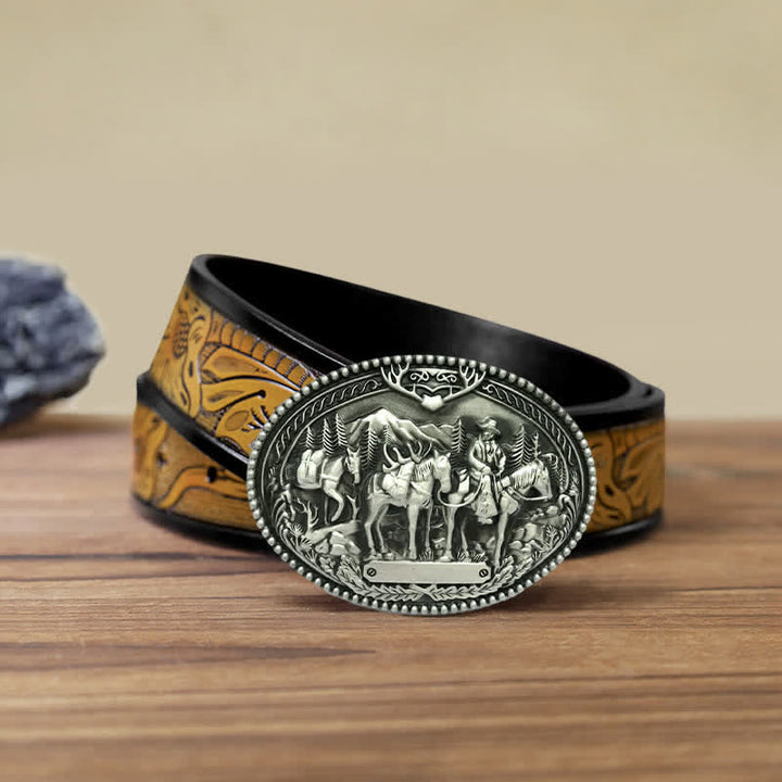 Ceinture en cuir à boucle pour homme avec motif de cheval de cow-boy