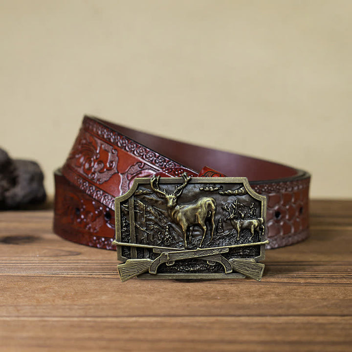 Ceinture en cuir à boucle pour homme avec fusil de chasse et cerf