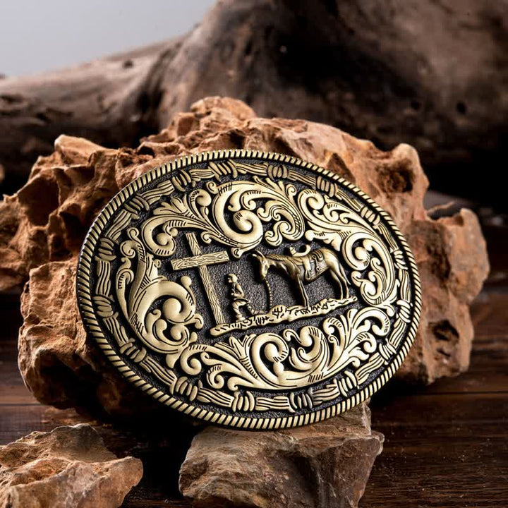 Ceinture en cuir à boucle ovale pour homme avec motif cowboy priant