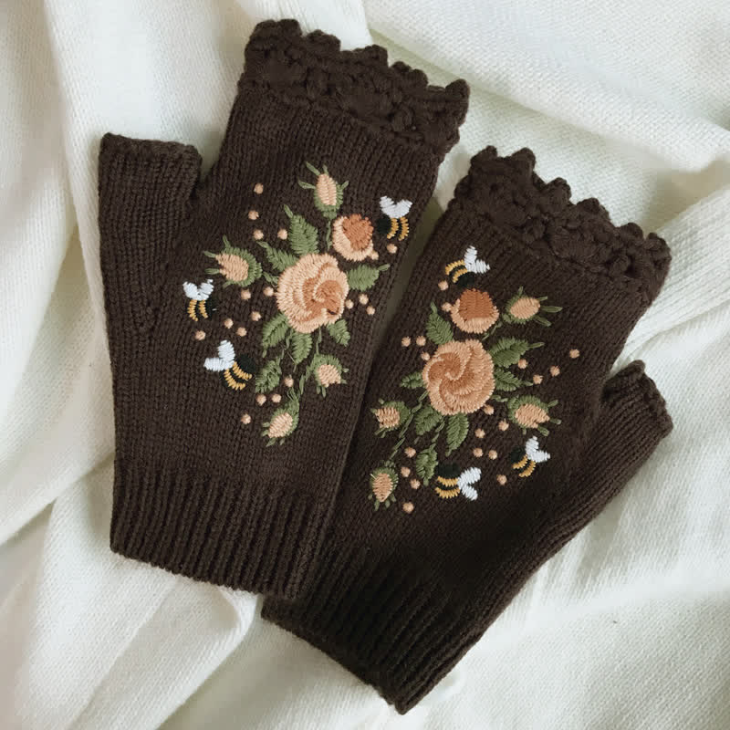 Gants tricotés demi-doigts brodés de fleurs pour femmes