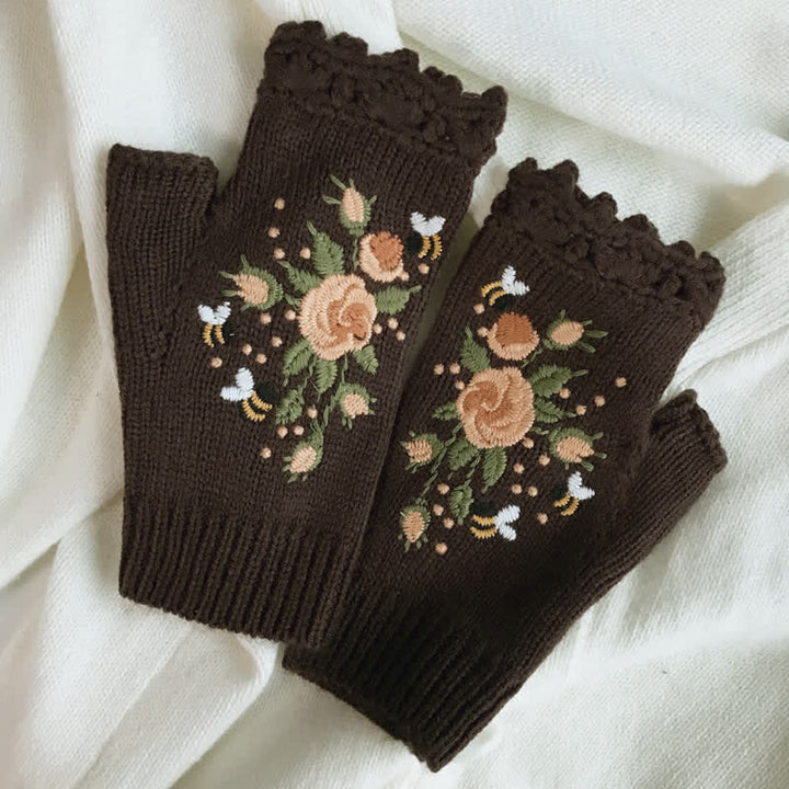Gants tricotés demi-doigts brodés de fleurs pour femmes